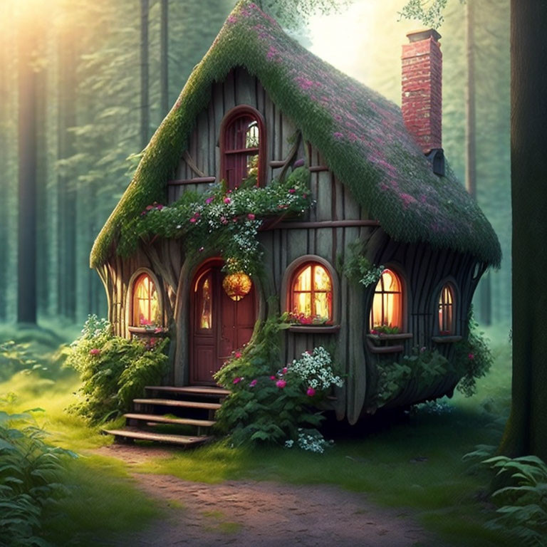 Quaint fairy-tale cottage with thatched roof in serene forest clearing