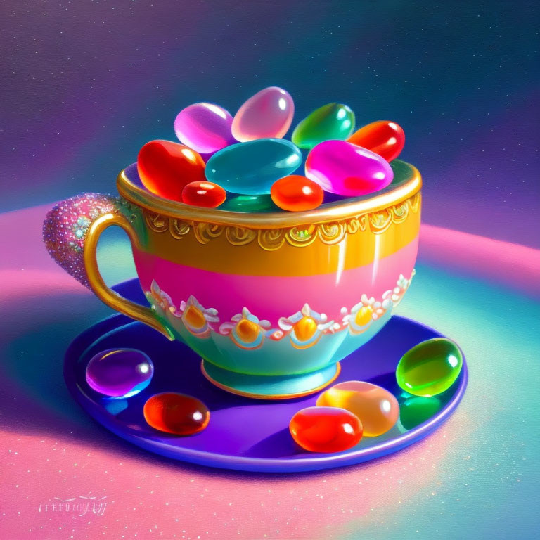 Colorful Cup Overflowing with Bean-Like Candies on Matching Saucer