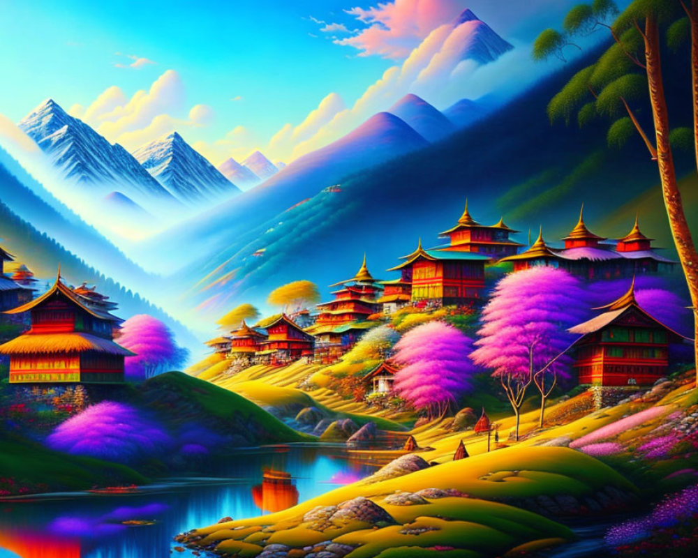 Colorful Asian-style valley illustration with mountains and river