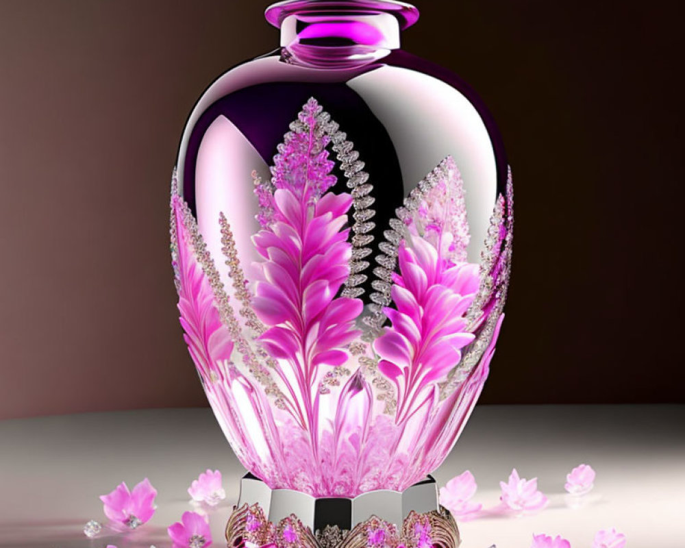 Pink and Clear Glass Vase with Floral Patterns on Reflective Surface