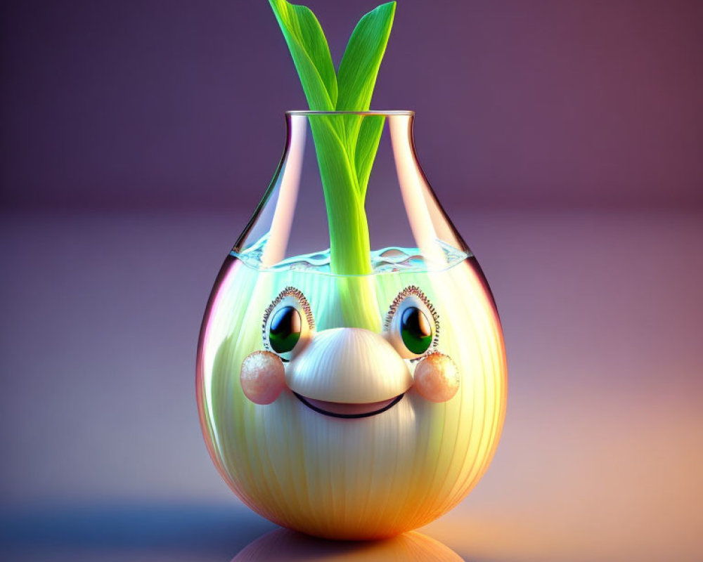 Cartoon-style glass vase with smiling face and green plant on reflective surface