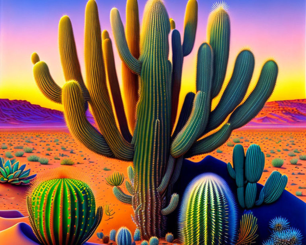 Colorful desert landscape with vivid cacti under sunset