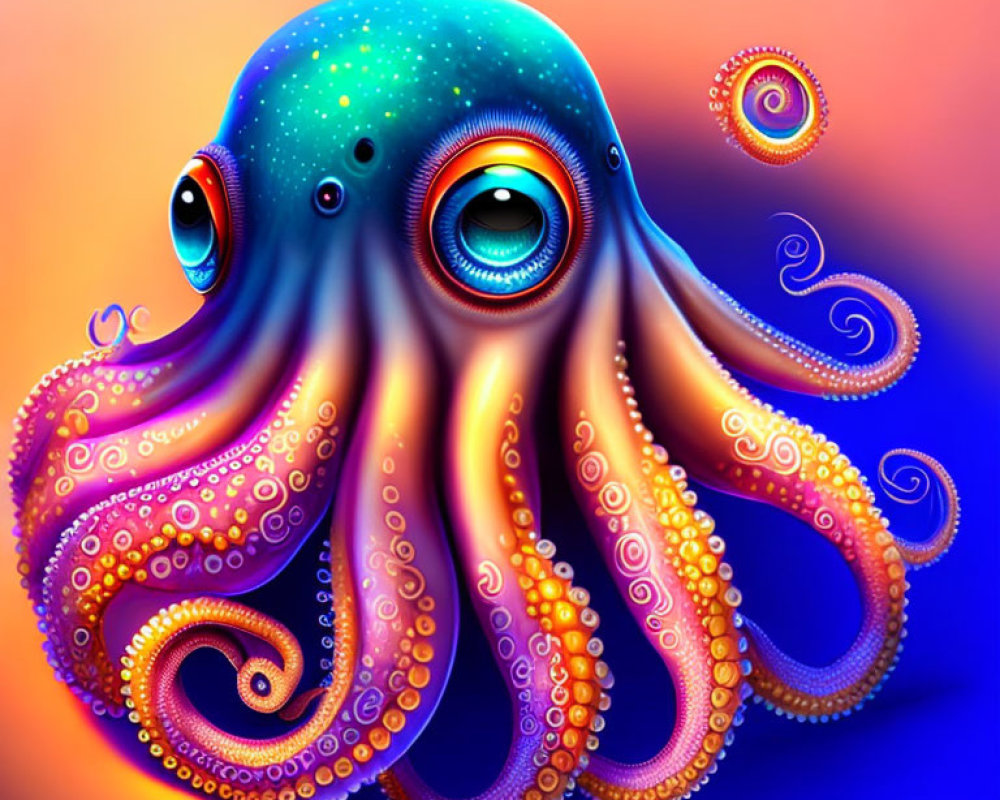 Colorful stylized octopus illustration with expressive eyes and intricate tentacle patterns