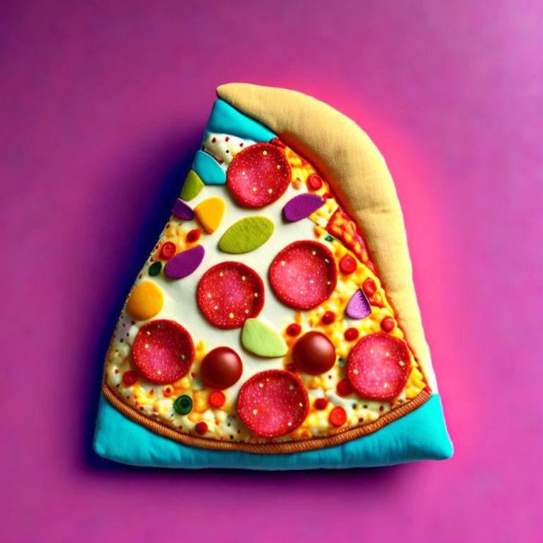 Colorful Pizza Slice-Shaped Pillow with Various Toppings on Pink Background