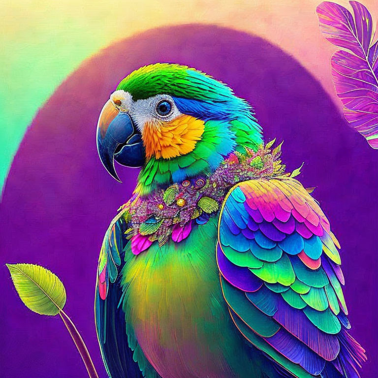 Colorful Parrot with Iridescent Feathers on Purple Background