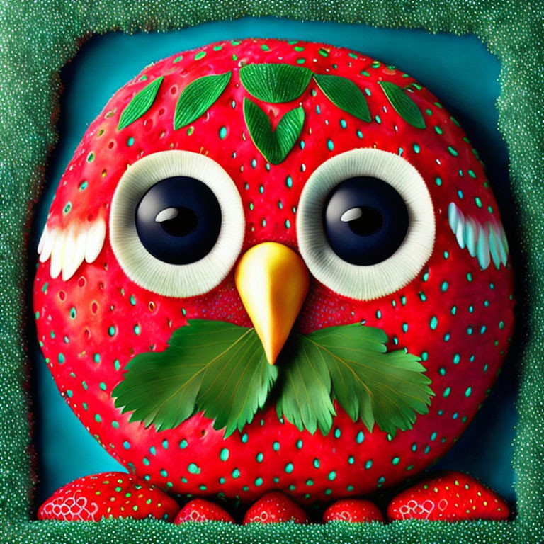 Colorful owl illustration with strawberry feathers, blue eyes, yellow beak, and leaf wings.