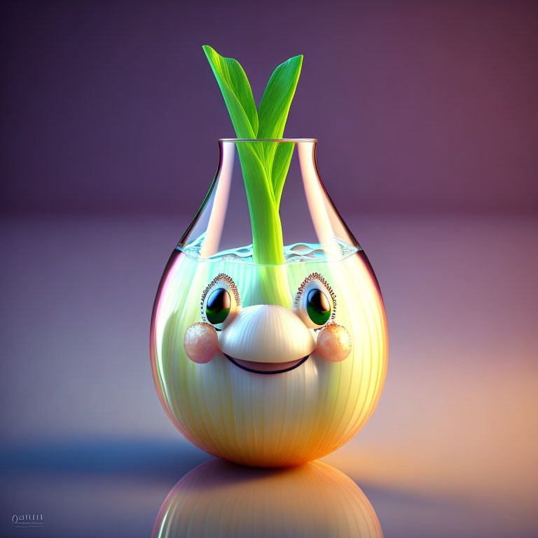 Cartoon-style glass vase with smiling face and green plant on reflective surface