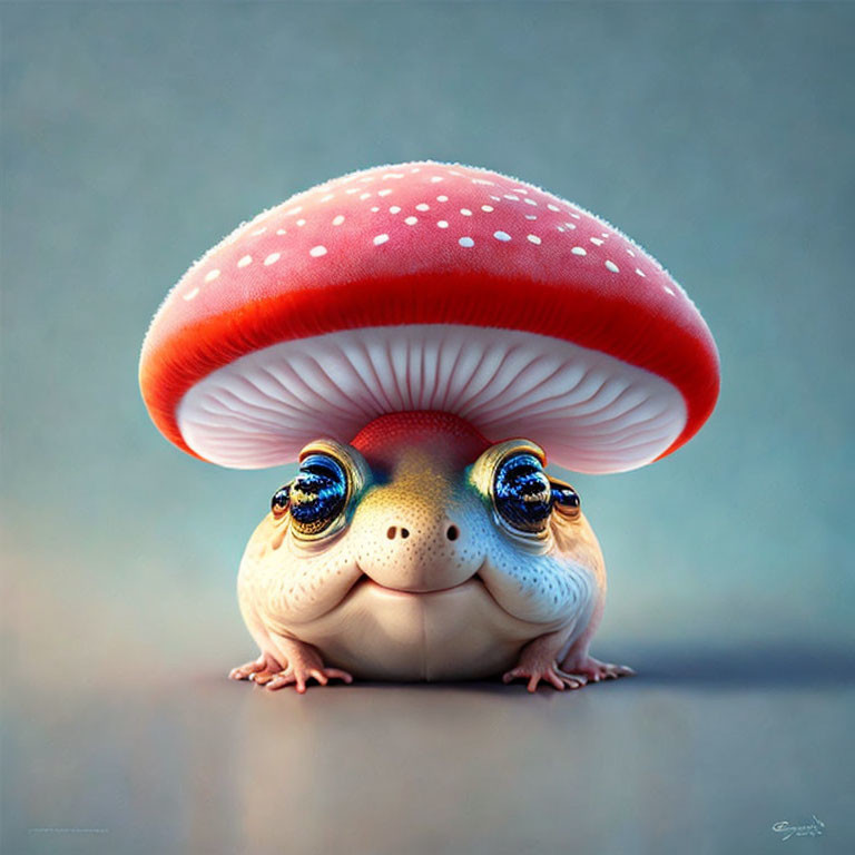 Illustration of creature with mushroom cap head and frog-like body