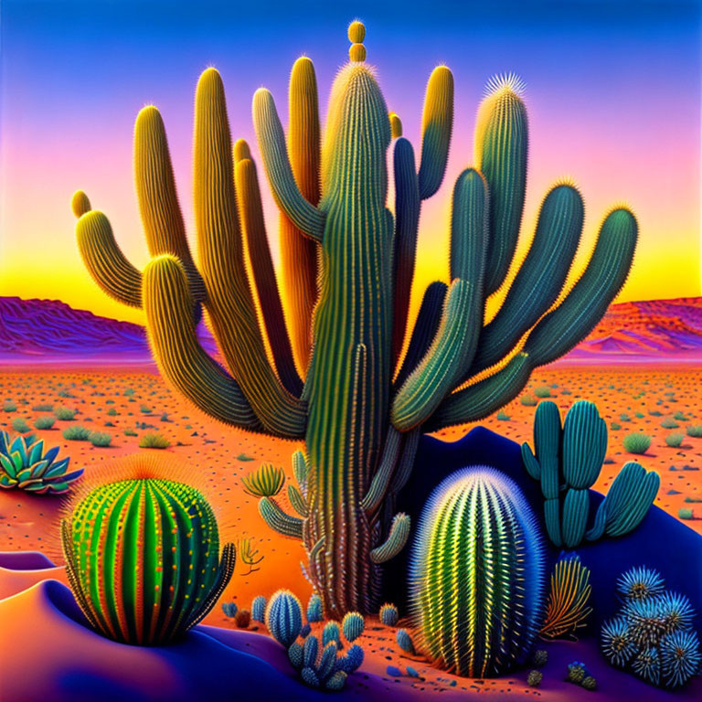 Colorful desert landscape with vivid cacti under sunset