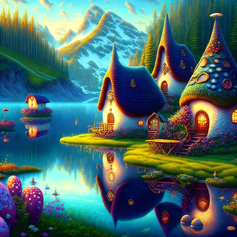 Whimsical digital painting of fairy-tale mushroom houses by a tranquil lake