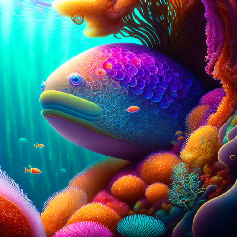 Colorful Oversized Fish Illustration in Luminous Underwater Scene