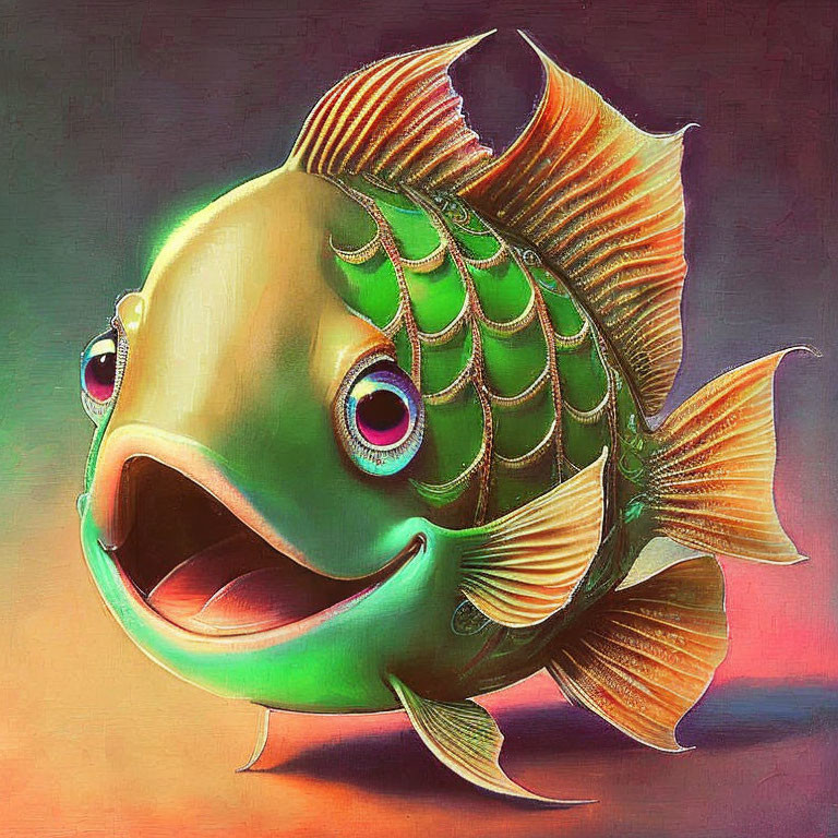 Cartoon fish illustration with big eyes on gradient background