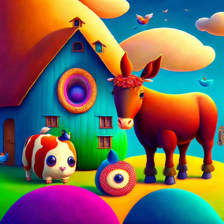 Colorful Cartoonish Animals in Vibrant Landscape Illustration