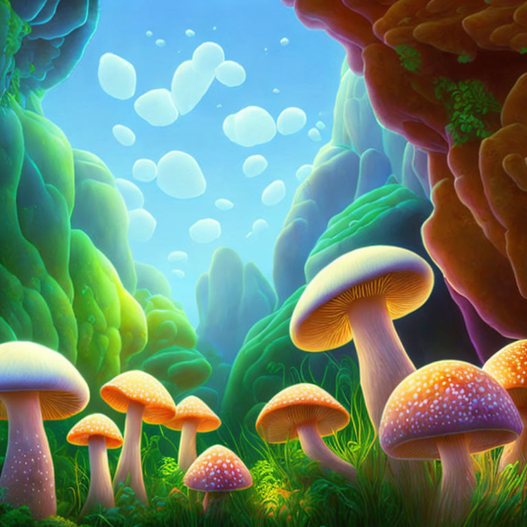 Colorful Coral and Luminous Mushrooms in Vibrant Underwater Scene