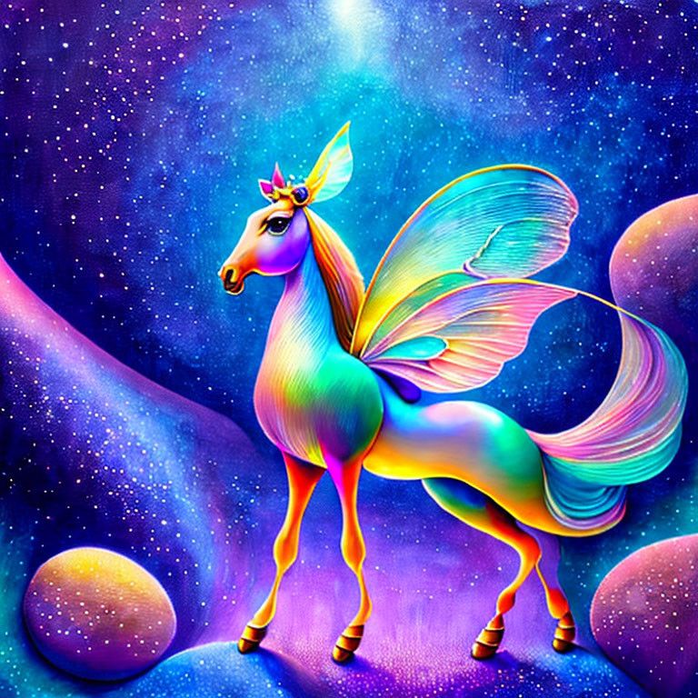 Fantasy unicorn with butterfly wings in cosmic setting