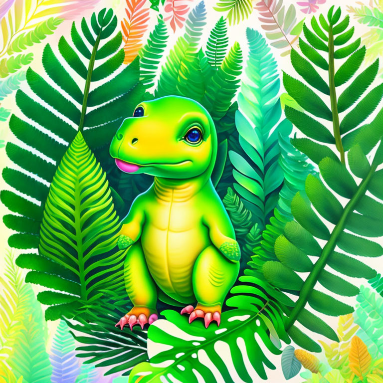 Colorful Cartoon Dinosaur Surrounded by Tropical Foliage