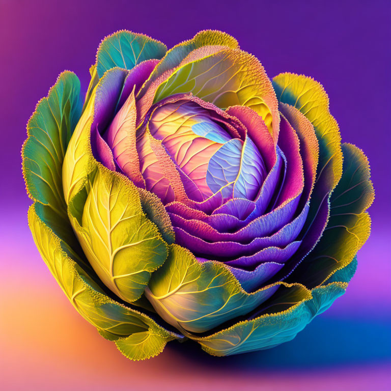 Colorful digital artwork of cabbage with purple, blue, green, and yellow hues on gradient background.