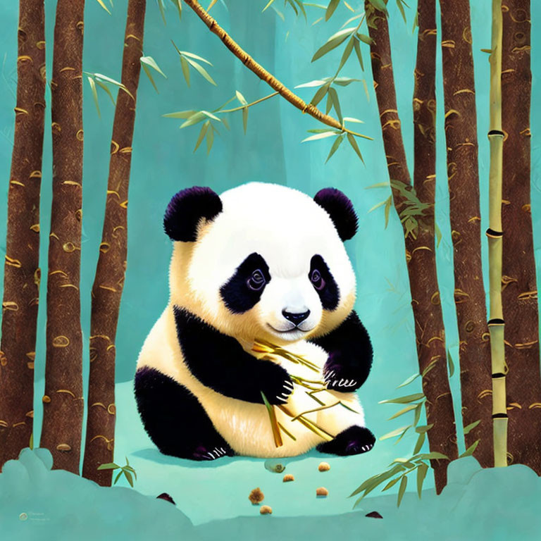 Adorable panda eating bamboo in serene forest setting