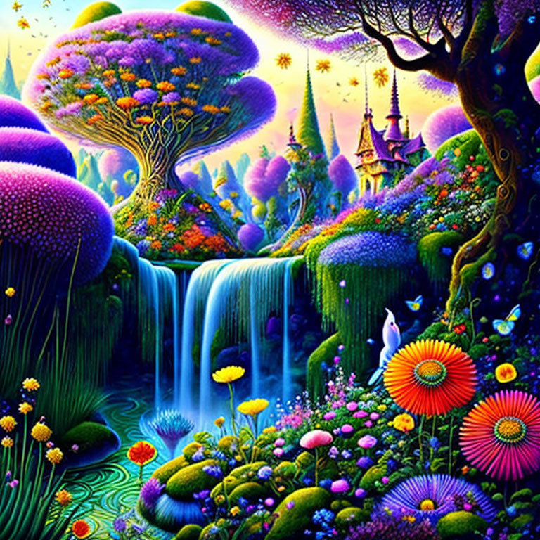 Colorful Fantasy Landscape with Mushroom Trees and Waterfall