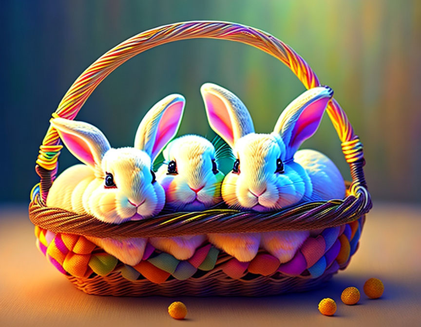 Three plush bunny rabbits in colorful Easter basket with yellow decorative balls