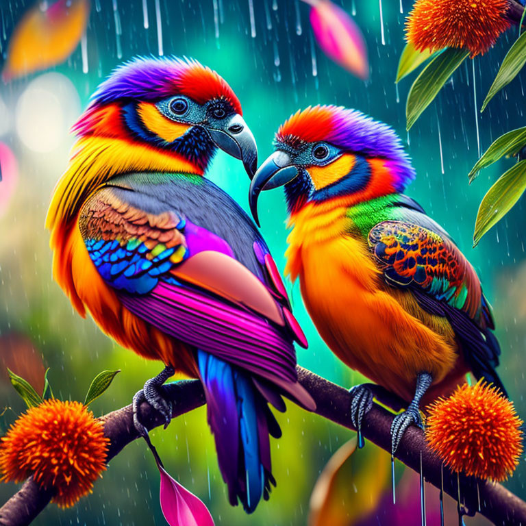 Colorful Parrots on Branch with Orange Flowers in Rain Shower