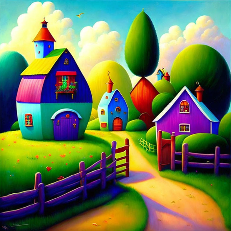 Vibrant painting of whimsical houses in green landscape