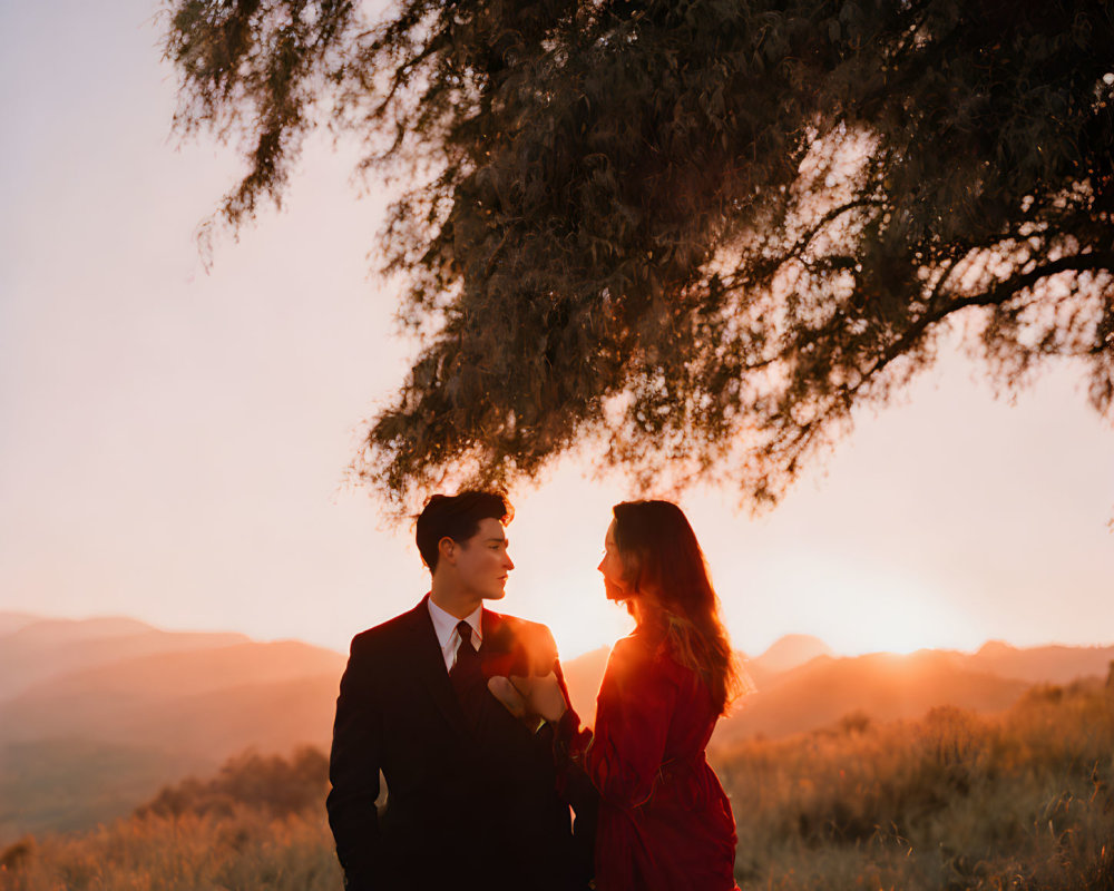 Formal Attired Couple Embracing Under Tree at Sunset