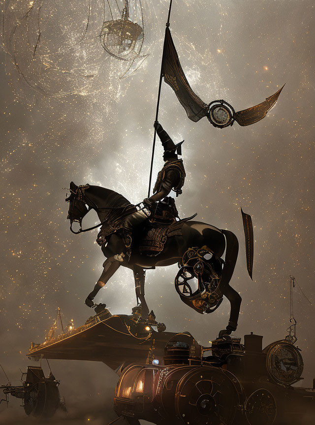 Steampunk knight on mechanical horse in celestial sky