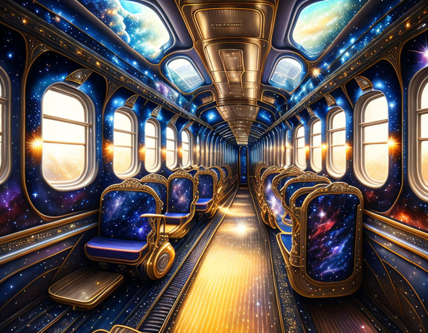 Fantastical train interior with starry cosmos décor.