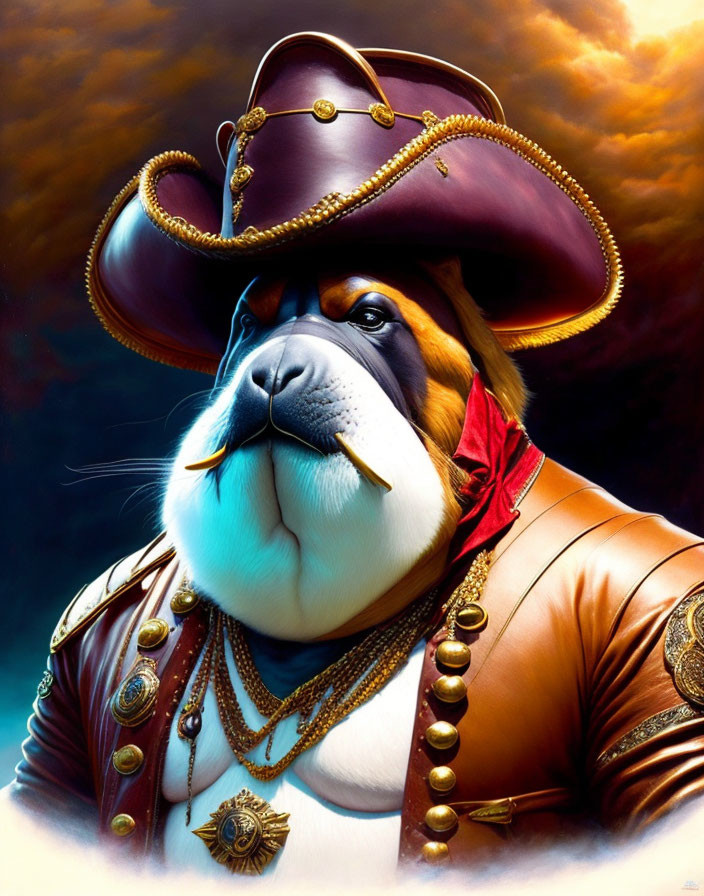 Stylish Bulldog Pirate Captain with Hat, Earring, and Cigar