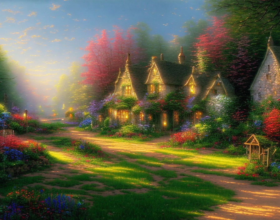 Charming cottages in colorful garden with sunrise glow