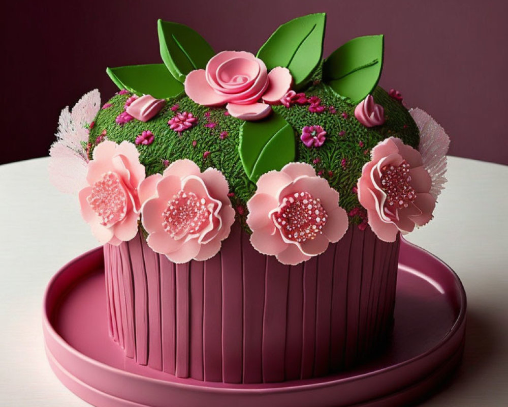 Decorative Pink Flowerpot Cake with Fondant Flowers and Greenery