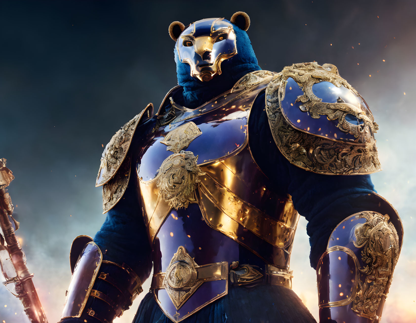 Armored bear figure with golden helmet and blue armor under starry sky