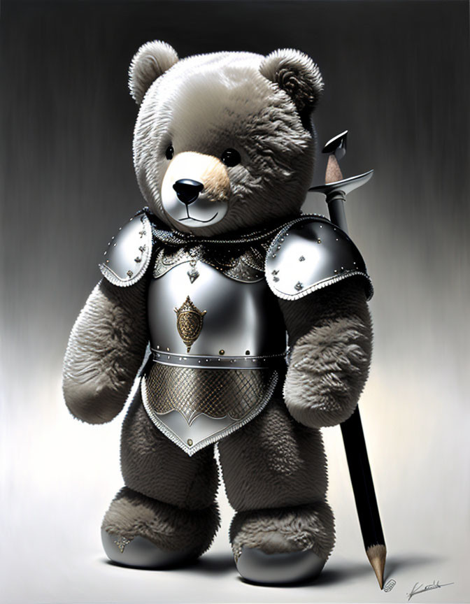 Anthropomorphic Teddy Bear in Medieval Armor with Pencil Lance