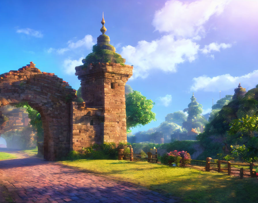 Ancient stone archway under sunny sky with lush greenery and spires.