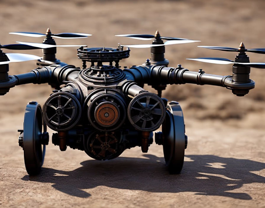 Steampunk-Inspired Quadcopter Drone with Intricate Gears and Pipes