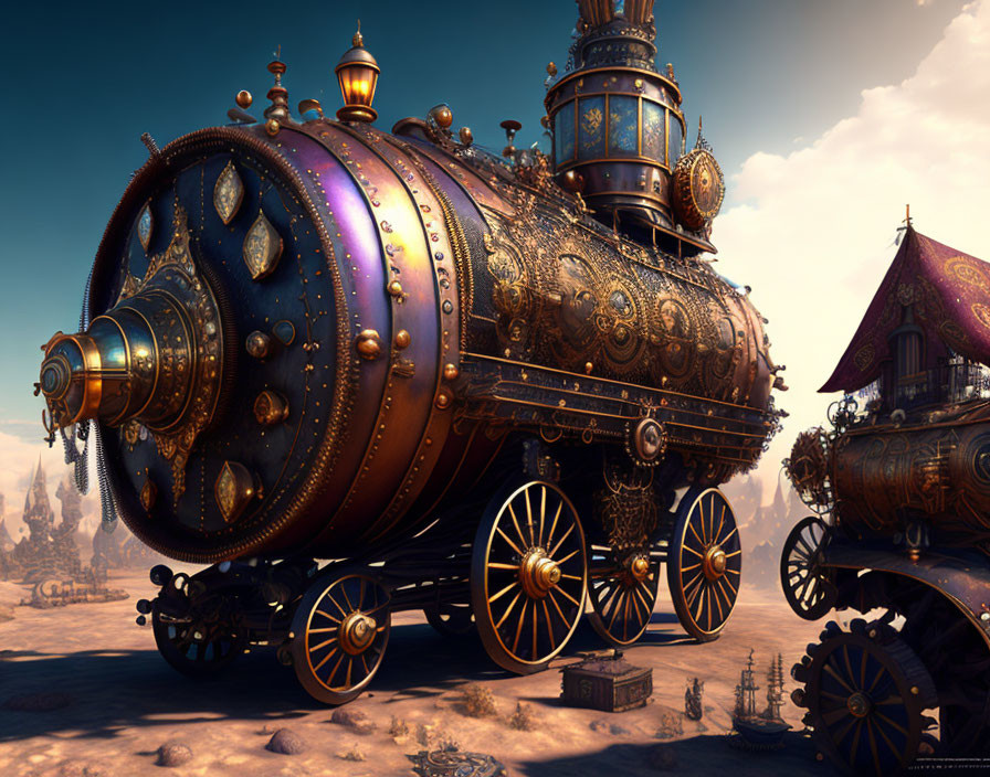 Steampunk-style ornate train with gold and bronze detailing in Victorian architecture.