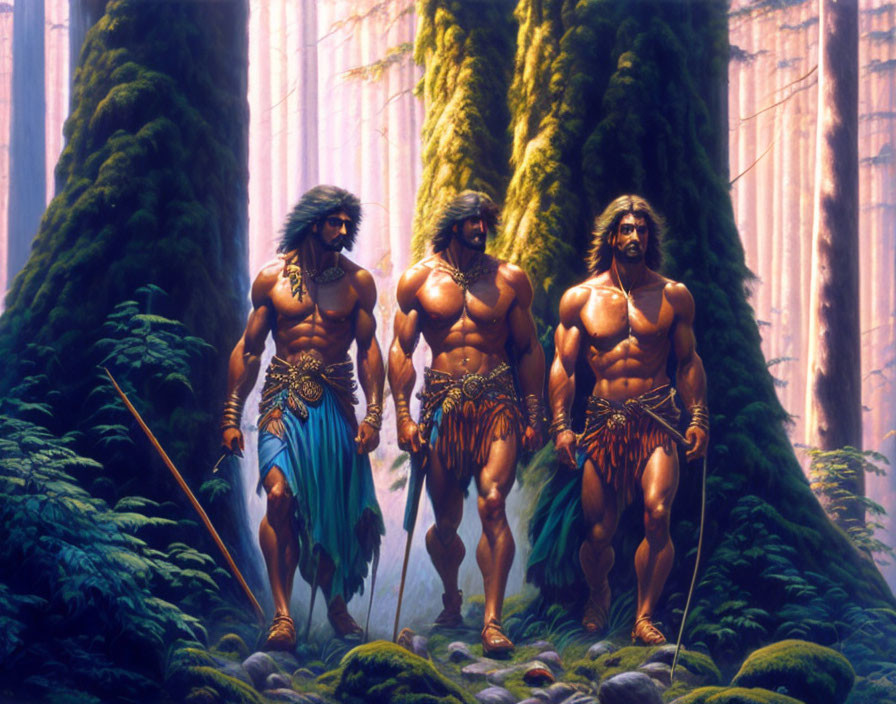 Three muscular men in primitive attire walking through misty, ancient forest