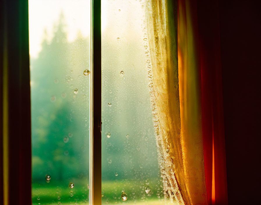 Green landscape seen through window with condensation, sunlit edge.