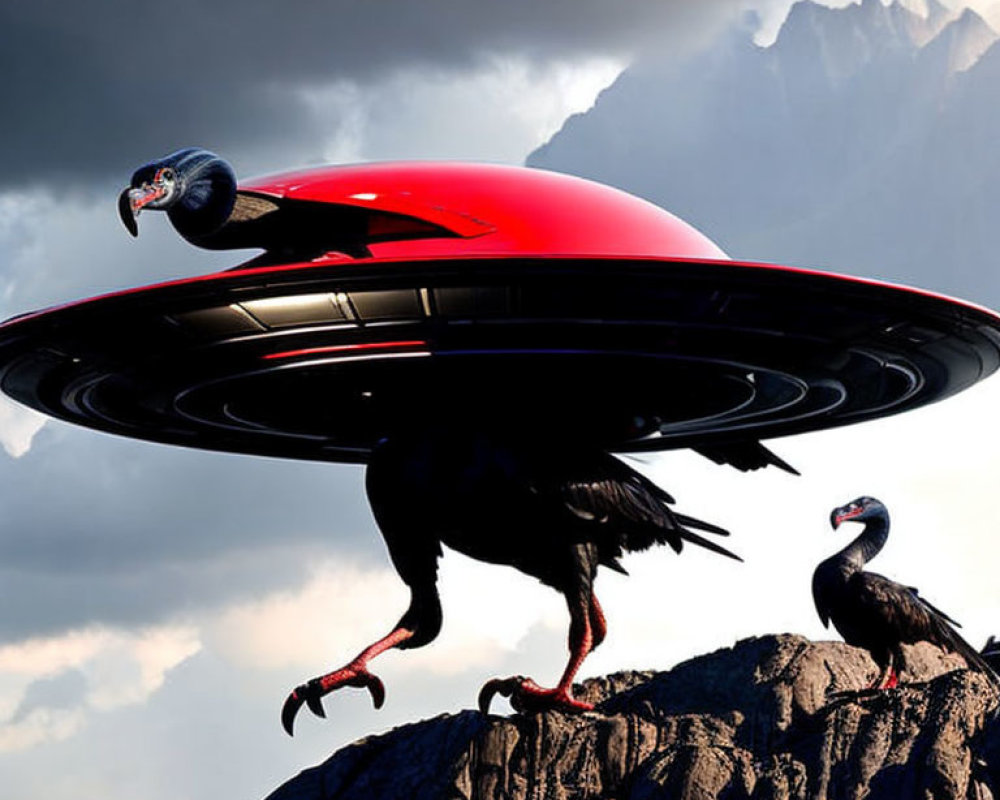 Red and Black UFO Hovering over Mountain Peak with Vulture-Like Birds