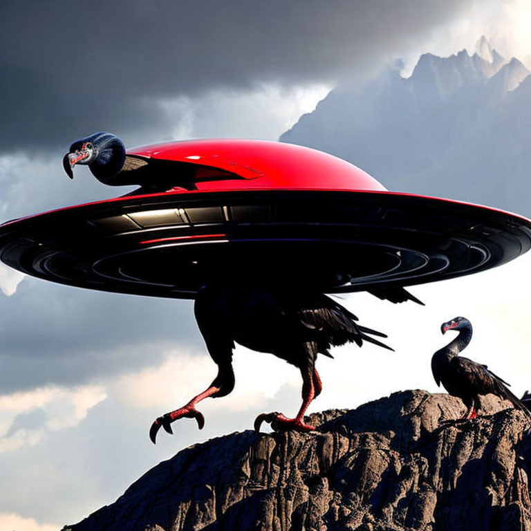 Red and Black UFO Hovering over Mountain Peak with Vulture-Like Birds