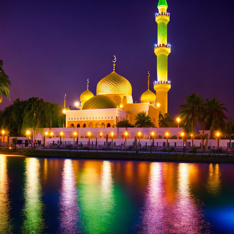 Twilight mosque with golden domes and green minaret reflecting on water