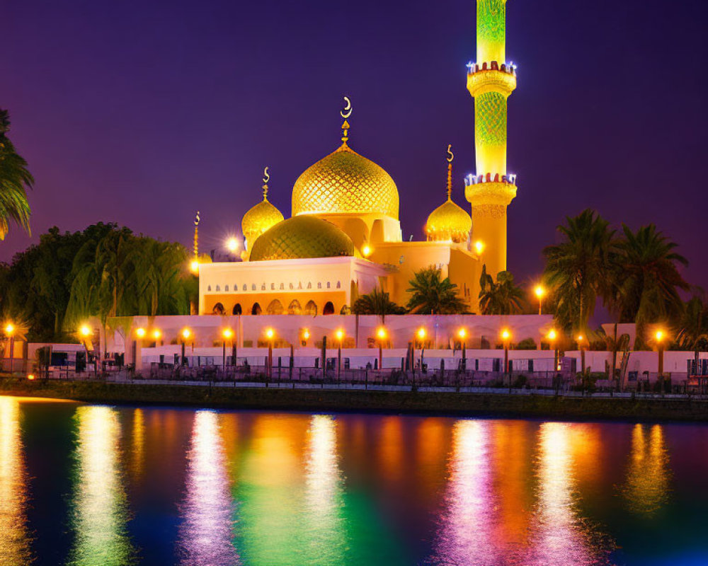 Twilight mosque with golden domes and green minaret reflecting on water