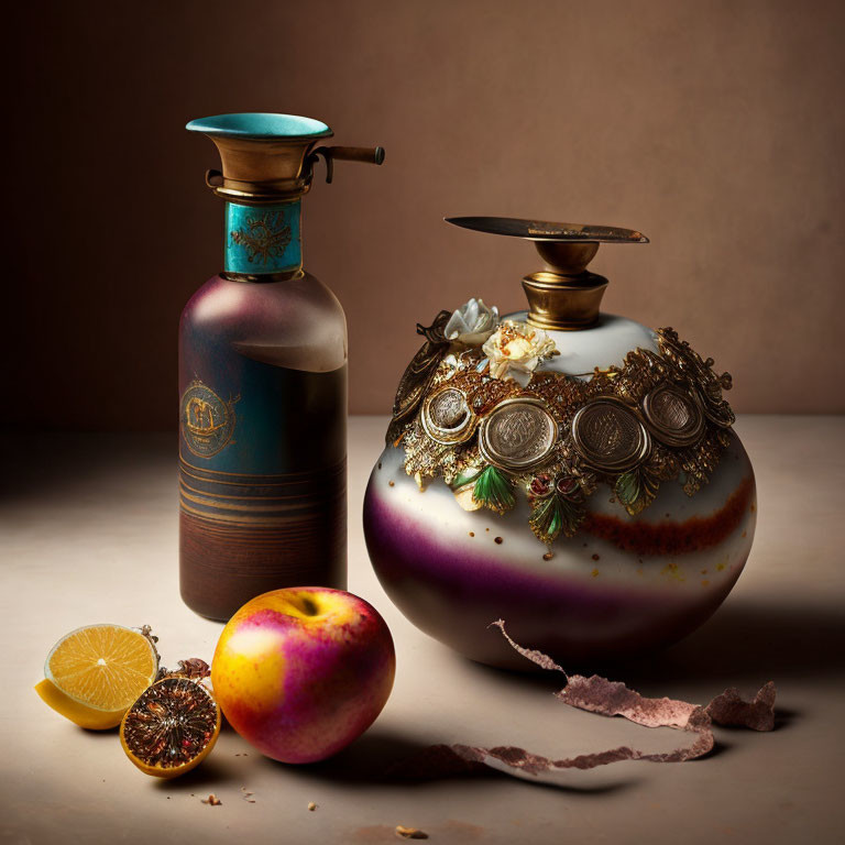 Vintage Perfume Bottles, Citrus Fruits, and Dried Leaves on Warm Background