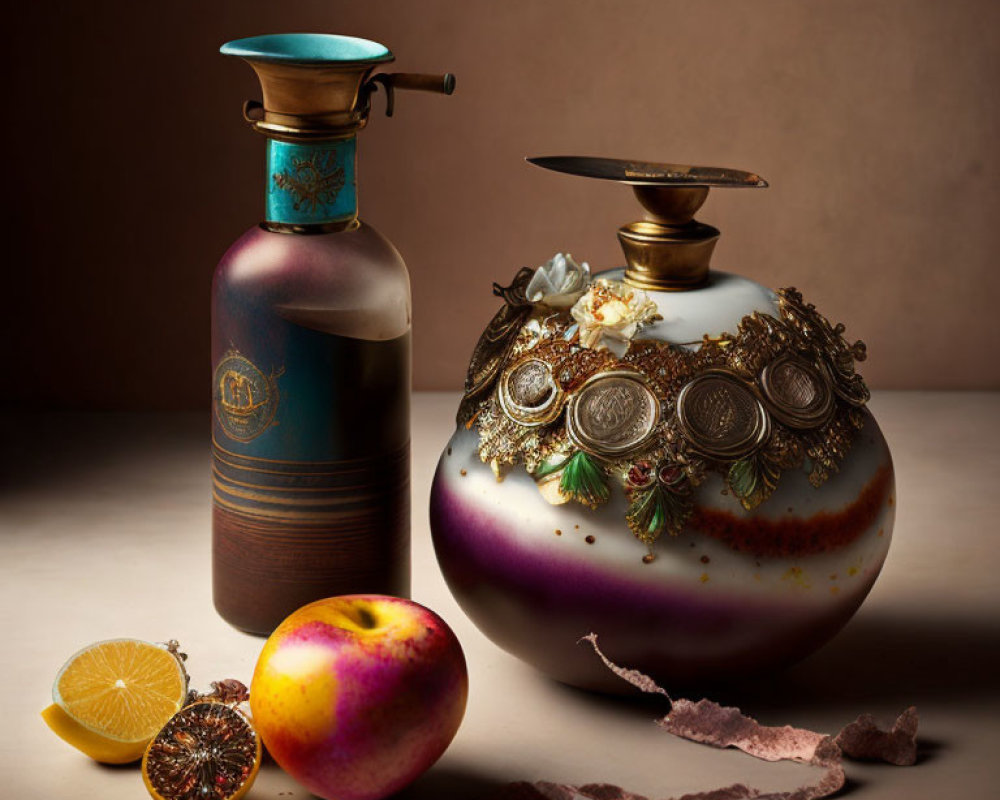 Vintage Perfume Bottles, Citrus Fruits, and Dried Leaves on Warm Background