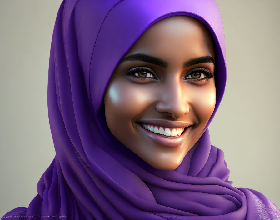 3D rendering of woman in purple hijab with radiant smile