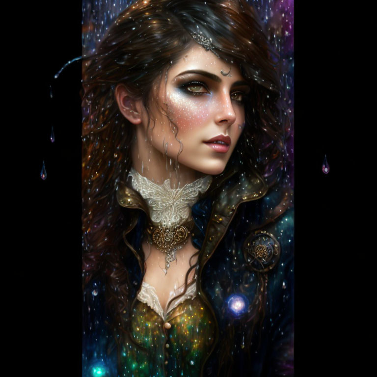 Digital artwork: Woman with sparkling skin and intricate jewelry on cosmic background with raindrops