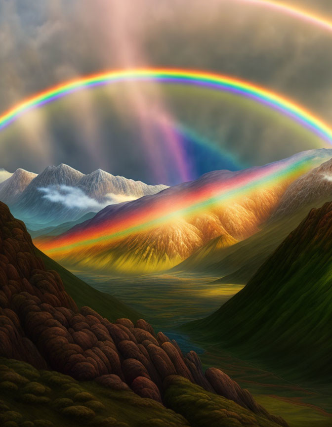 Rainbow over snowy mountains and textured hills in serene landscape