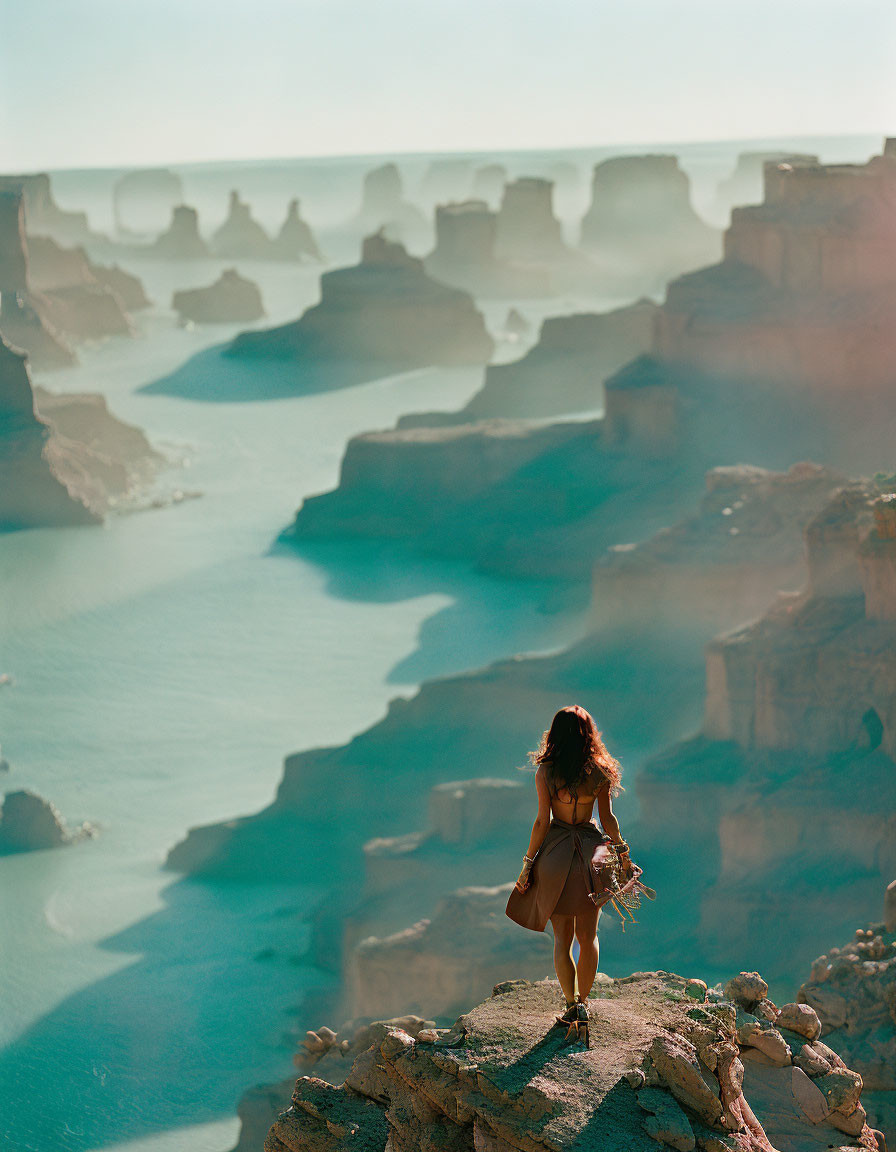 Person admires canyon with layered rocks and river from cliff