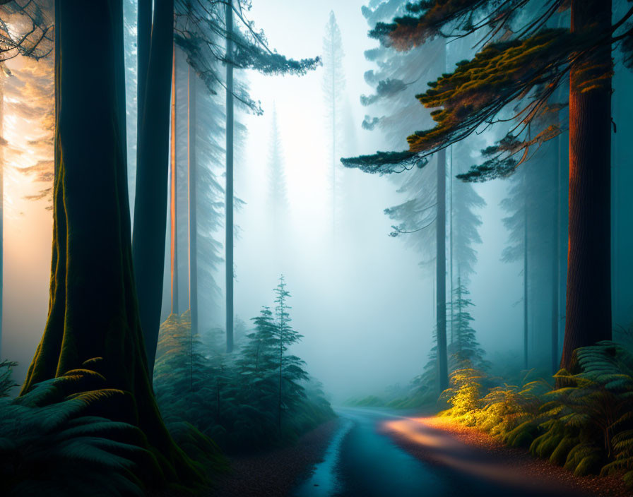 Misty Forest Road with Towering Trees and Sunlight Filtering Through Fog